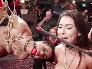 Pain loving slave girls tied up and toyed public BDSM