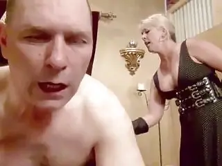 Whipping BDSM fun with tied up old man and mistress
